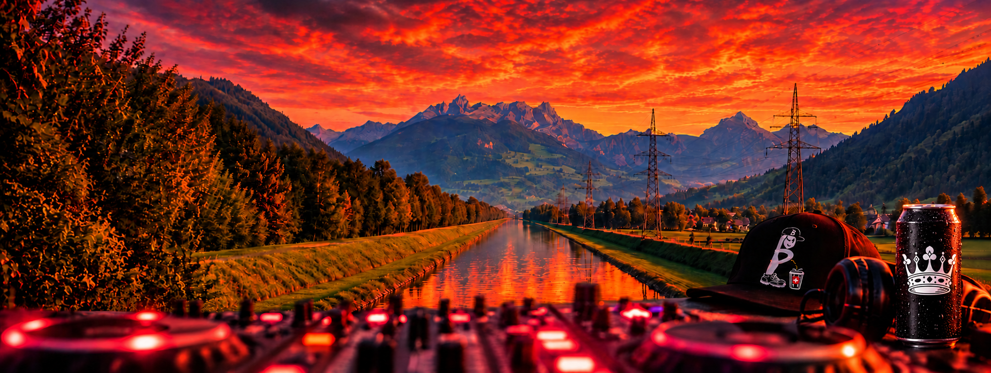 Sonnenuntergang am Fluss mit DJ-Pult, Cap mit DJ-Brunzer-Logo und schwarzer Dose mit weisser Krone